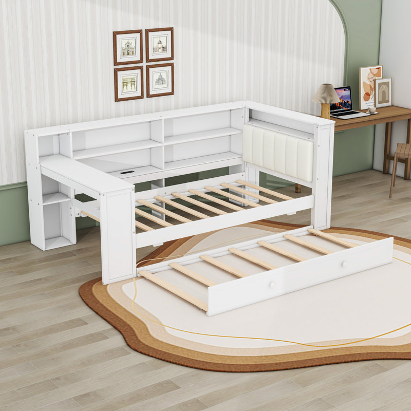 Lit de jour simple en bois avec couchette et bureau intégré, Blanc