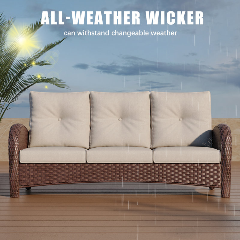 Outdoor Wicker Patio Sofa 3-seater, Beige, Brown