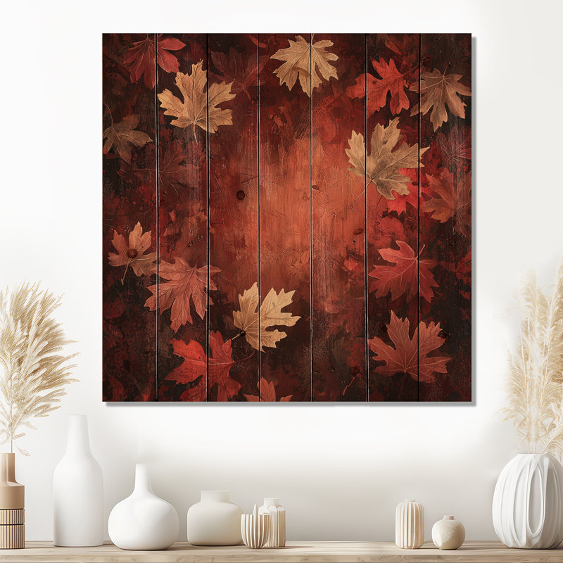 «Red Falling Maple Leaves I», art mural sur bois de feuilles - sur bois de pin naturel, H 15 po x l 15 po x P 0,78 po