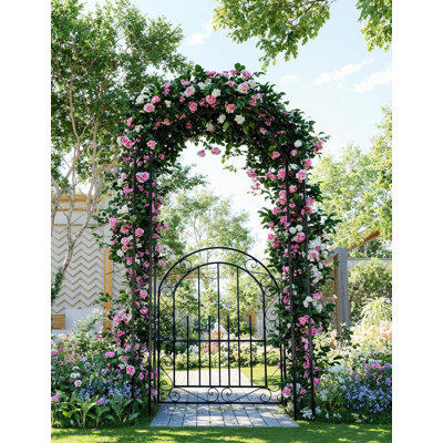 Heavy Duty Garden Arch with Gate, 8FT Rust Resistant Steel Arbor for Climbing Plants, Outdoor Trellis for Weddings, Patio Backyard Decor, Easy Assembly