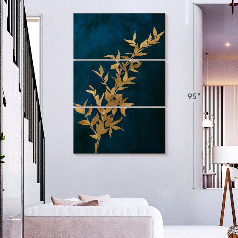 Harnek, feuilles d'or sur bleu marine II, H 74 po x l 48 po