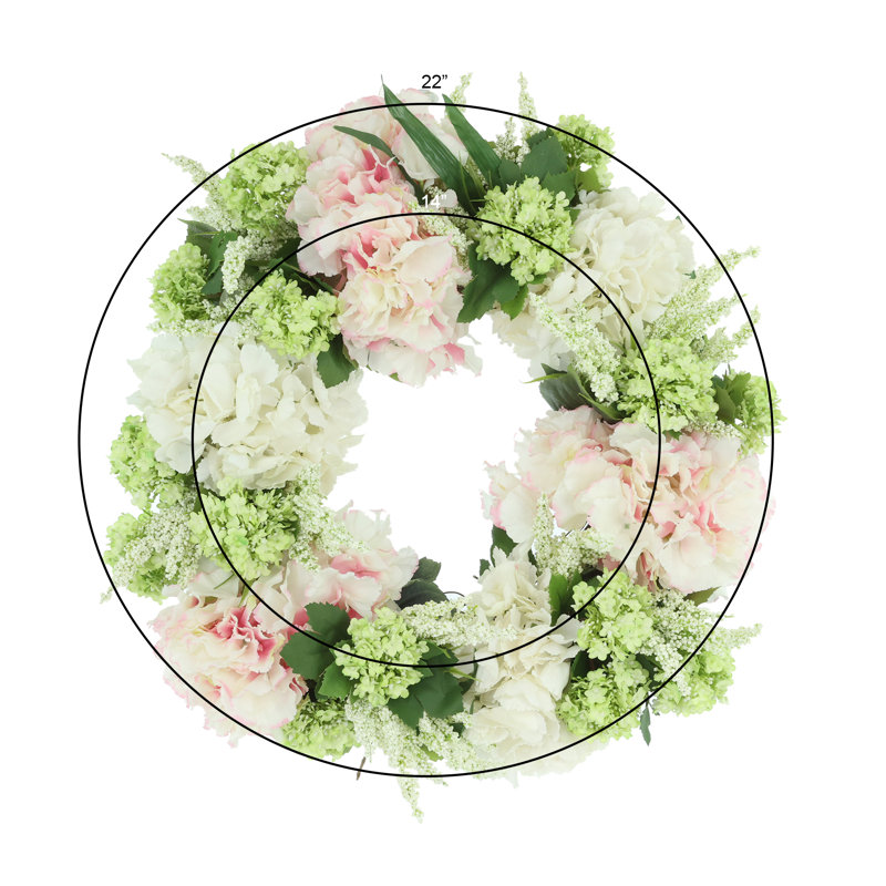 22" Spring Wreath with Hydrangeas, Heather and Viburnum