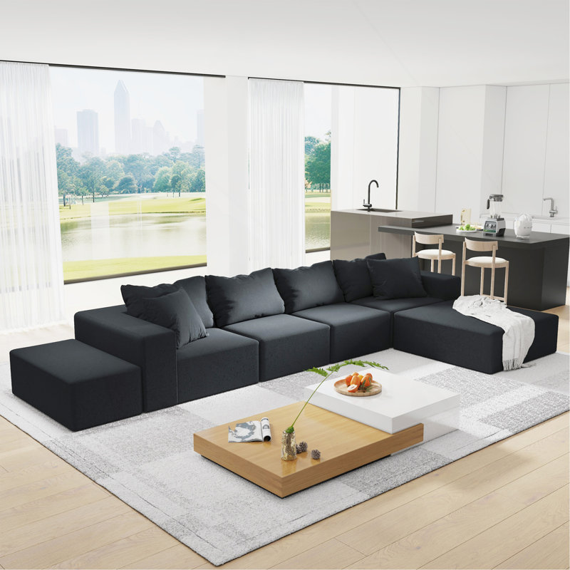 Ensemble de canapé modulaire rembourré de style moderne sans dossier, avec canapé modulaire de L de 132 po et 6 coussins, canapé-lit combiné gratuit pour le salon, la chambre à coucher