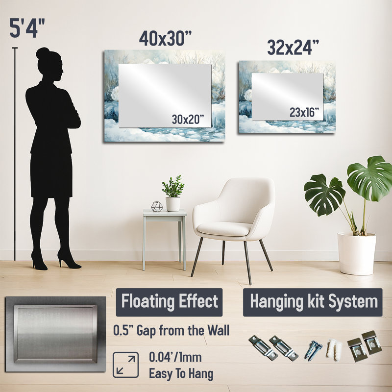 Pivoine hivernale par la glace, rivière couverte I - Art mural miroir décoratif floral - imprimé sur métal, 24" x 32"