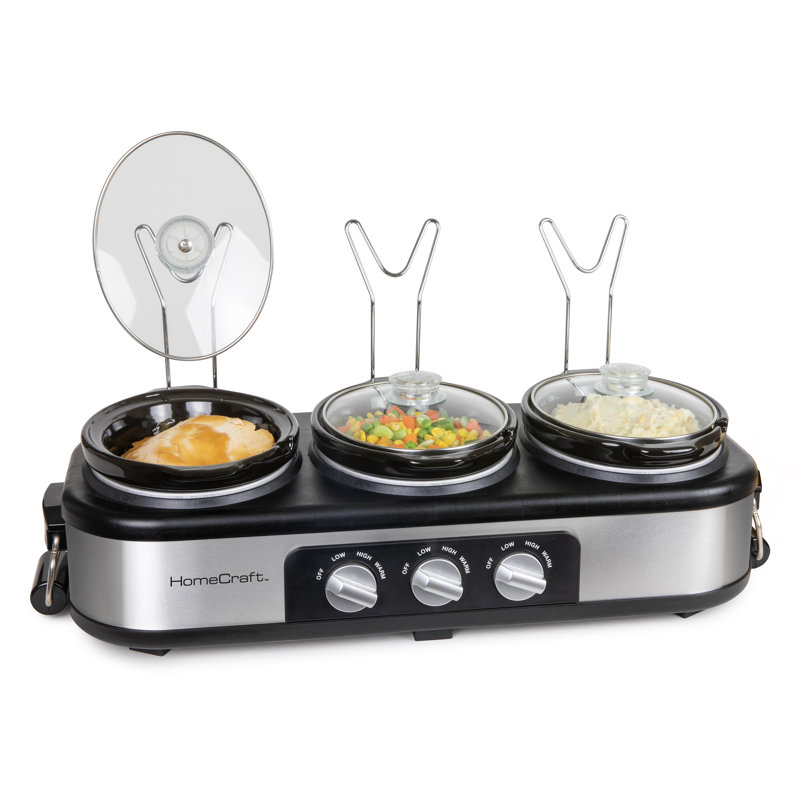 HomeCraft Stainless Steel 3-Station 1.5-Quart Oval Slow Cooker Buffet, With Lid & Spoon Rest, Adjustable Heat Control, Perfect for Parties, Holidays, Families