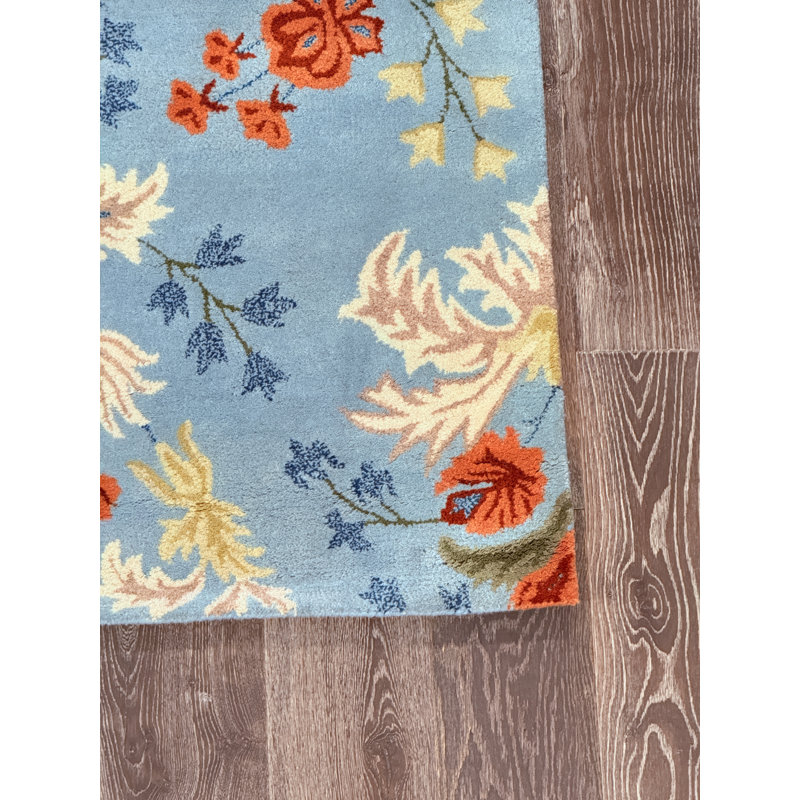 Adairsville Authentic Hand-Tufted Handmade Light Blue, Rust & Golden Yellow Traditional Symmetrical Botanical Wool Area Rug