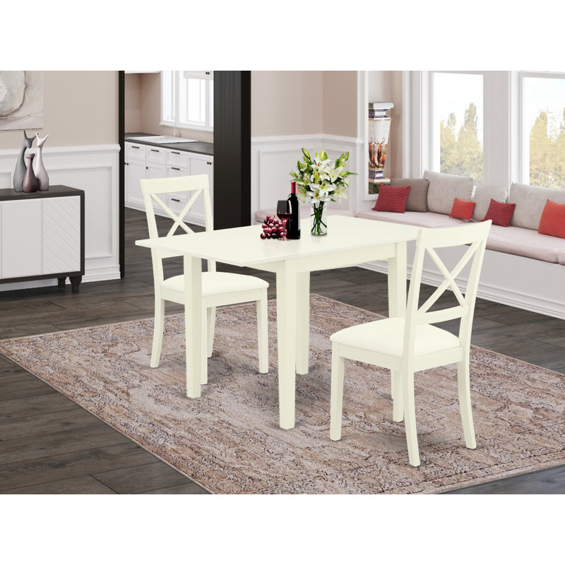3 Piece Dining Room Table Set Contains a Rectangle Dining Table with Dropleaf and 2 Faux Leather Upholstered Chairs, Linen White