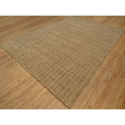 Tapis brun tissé à la main 10 pi x 14 pi brun clair, laine naturelle non teinte, motif à rayures verticales avec effet sel et poivre