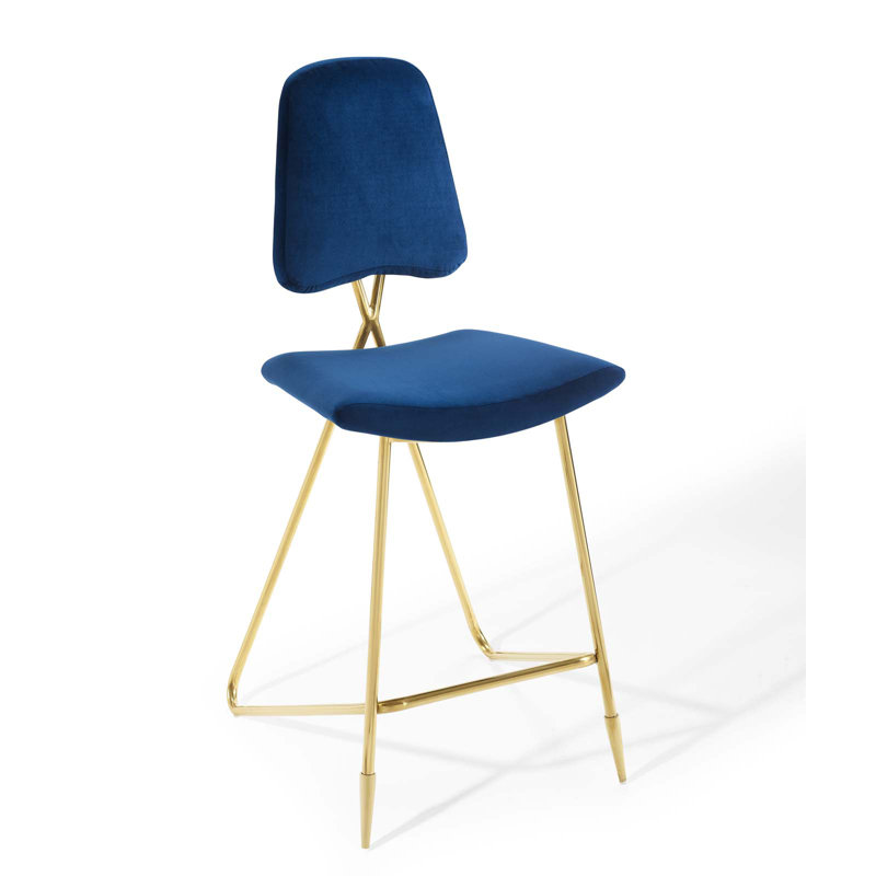 Navy Velvet Upholstered Counter Stool with Gold Stainless Steel Legs