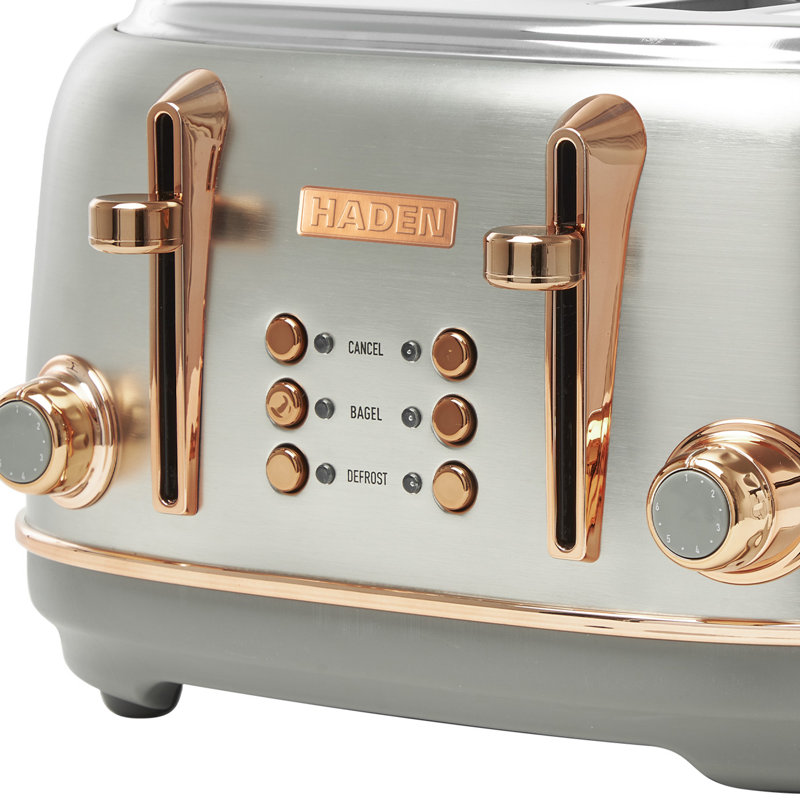 Haden Heritage 4 Slice Wide Slot Toaster & Electric Water Kettle, Steel & Copper, Steel & Copper
