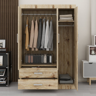 Armoire fonctionnelle à trois portes avec tiroirs de rangement et deux tringles de suspension