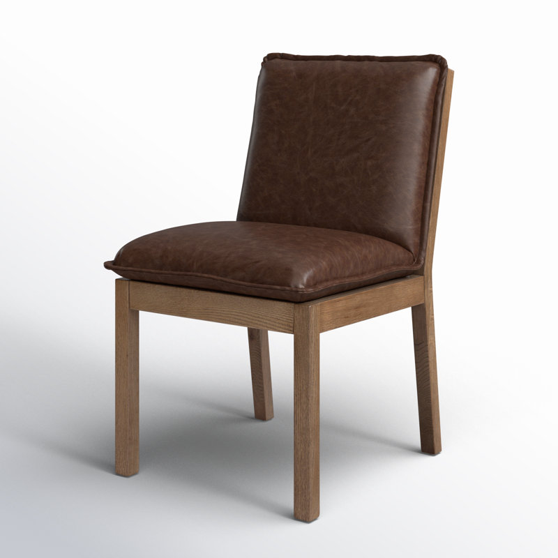 Wautoma Linen Upholstered Dining Chair in Beige, Brown Genuine Leather