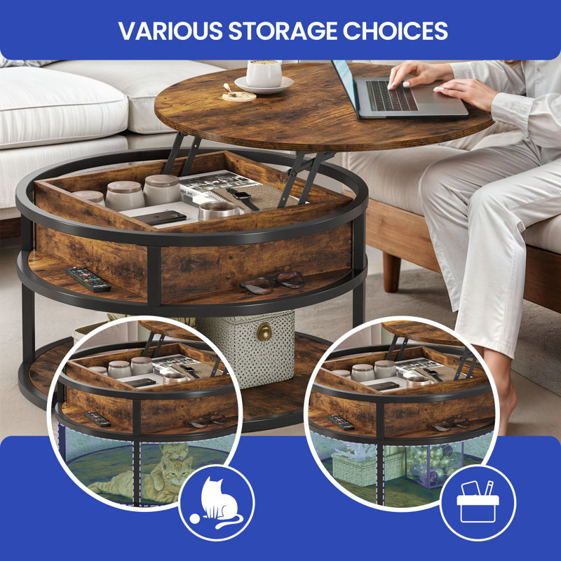 Kayln Lift Top Round Coffee Tables  with Storage for Living Room, Brown