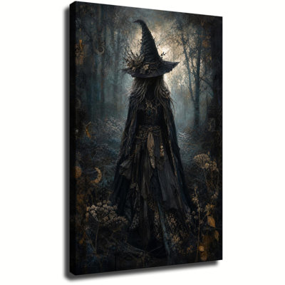 Dark Forest Witch With Antique Lace Outfit And Moon Symbols Vintage Textured Oil Painting Canvas Wall Art Gothic Room Decoration