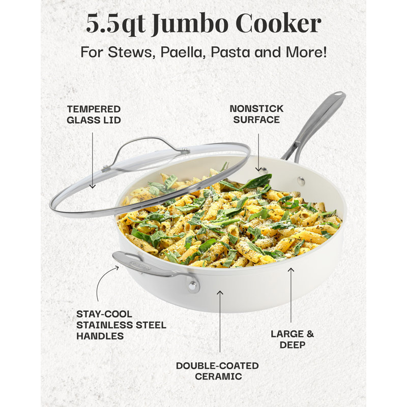 Gotham Steel Naturals Cream Ultra Nonstick Ceramic 5.5 Qt Jumbo Cooker Pan with Lid and Gold Handles, Cream/Silver
