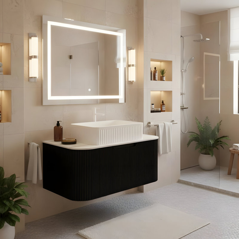 Salle de bain flottante murale 30 po avec lavabo rectangulaire en céramique blanche et tiroir, 30"