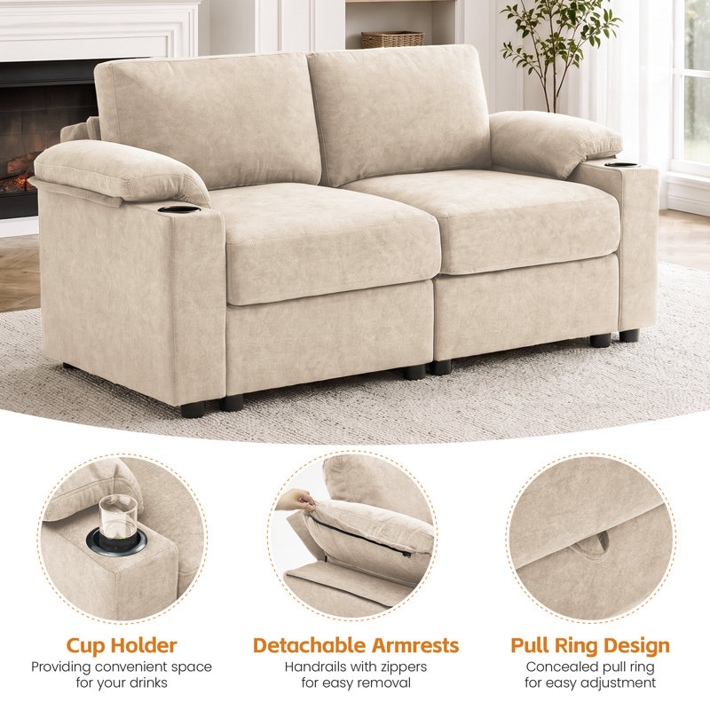 Canapé modulaire modulaire avec rangement dissimulé et porte-gobelets, 2 sièges, Kaki