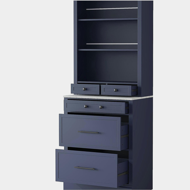 Armoire de cuisine de 83,7 pouces de hauteur, grande huche de cuisine moderne avec plateau en faux marbre, armoire de présentation avec 5 tiroirs de rangement et tablette réglable