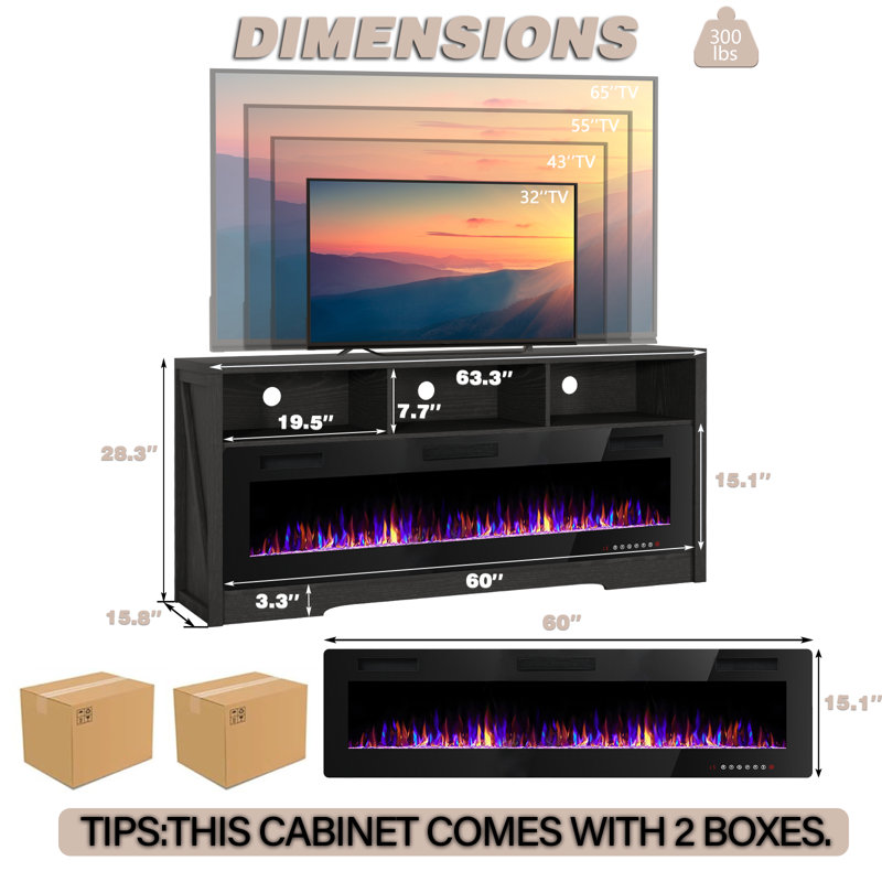Alazik Storage Credenza with Electric Fireplace Included, Black