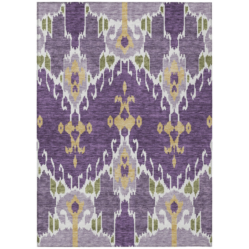 3' X 5' Purple Lavender And Gold Ikat Washable Indoor Outdoor Area Rug