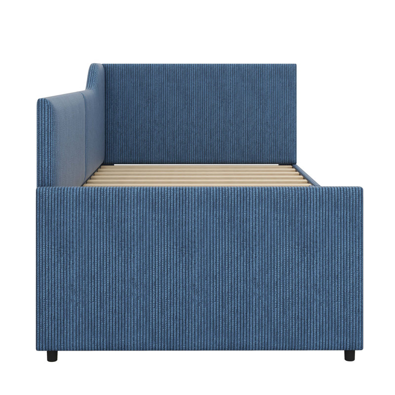 Cozy Twin Size L-Shaped Corduroy Daybed With Upholstered Frame And Dual Storage Drawers, Blue