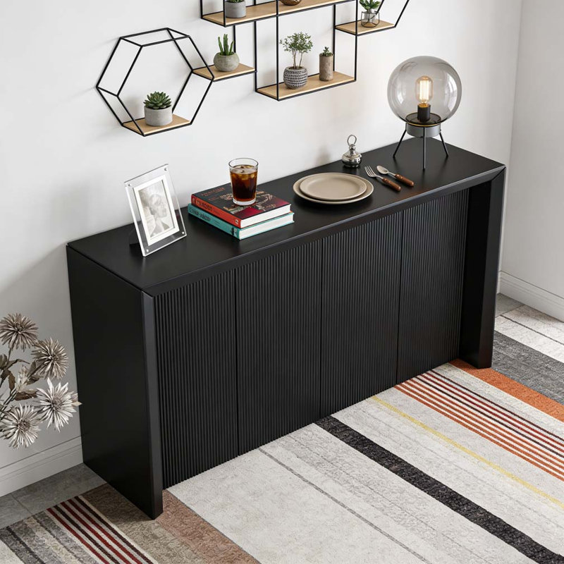 Wood Veneer Simple Entryway Table with Wavy Design, Black