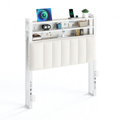 King Size Headboard, Adjustable Upholstered Headboard With 3 Tier Shelves And Pegboard With Charging Stations And LED Lights, Modern Bed Headboard Wit by East Urban Home