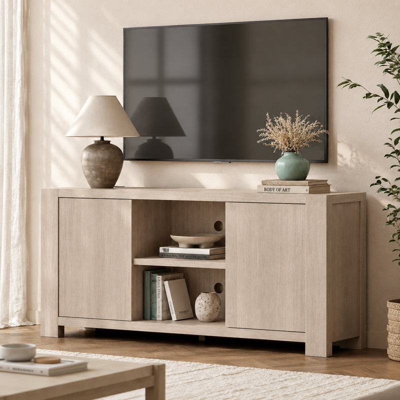 58" TV Stand With 2 Storage Cabinets, Media Console With Power Outlet and Adjustable Shelves, Modern TV Console For TVs Up To 65", Light Oak