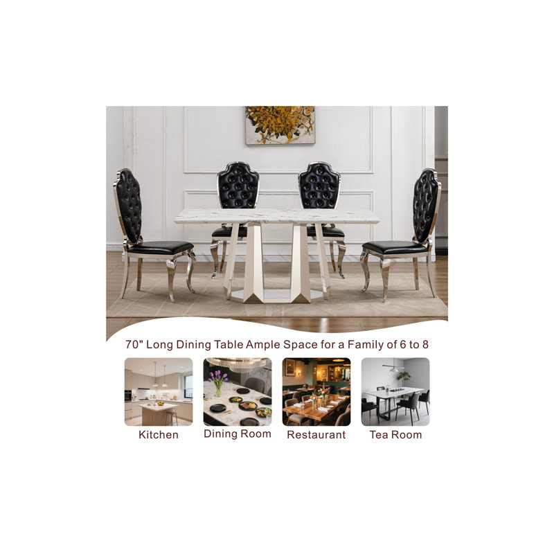Table de salle à manger 70 po rectangulaire pour 6 à 8 personnes avec base en acier inoxydable, Blanc / argenté