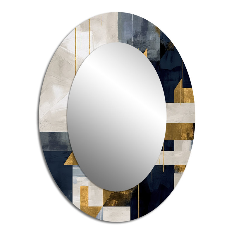 Formes dorées bleues harmonieuses - Miroir décoratif abstrait ovale sur métal, 40 po x 30 po