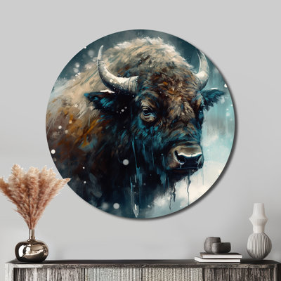 Bison Portrait In The Wild III - Animals Round Metal Art