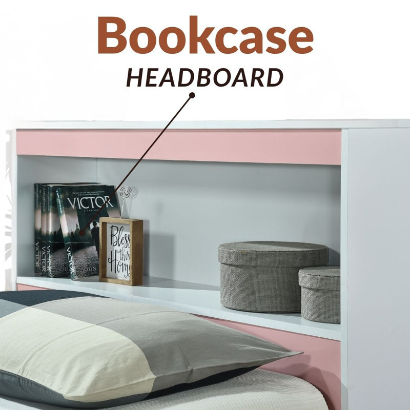 Lit plateforme simple avec tête de lit bibliothèque et 3 tiroirs pour les vêtements , Rose