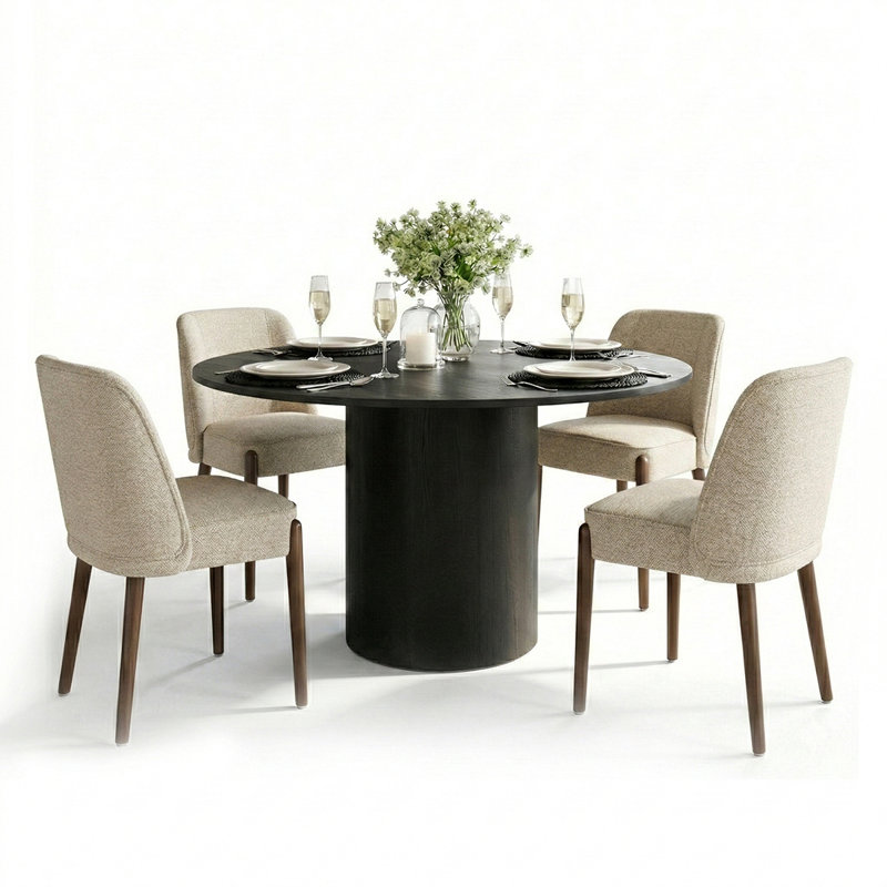 Ensemble de table de salle à manger pour 4 personnes avec table ronde et 4 chaises rembourrées, Beige