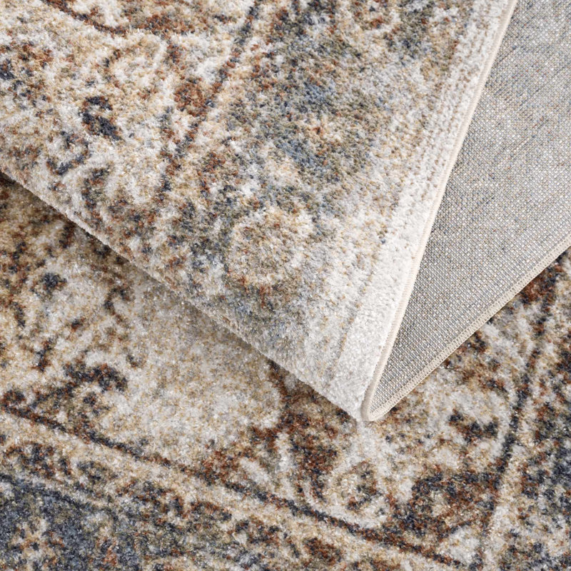 Light Blue and Beige Synthetic Washable Rectangular Area Rug