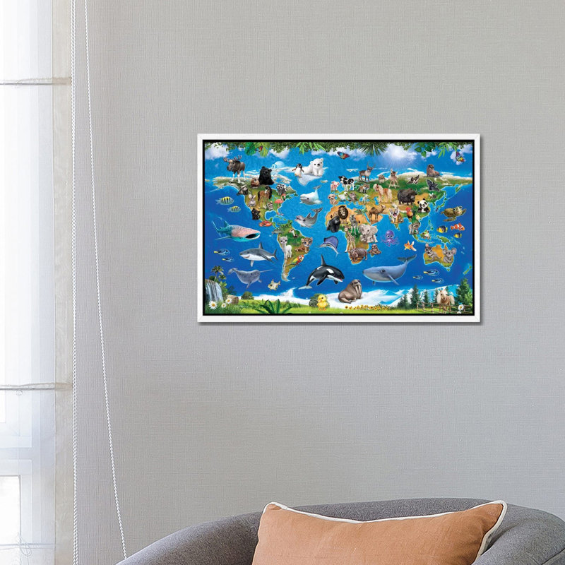 Animal Club World Map by P.D. Moreno - Print on Canvas, White Framed, 66.04 cm H x 45.72 cm W