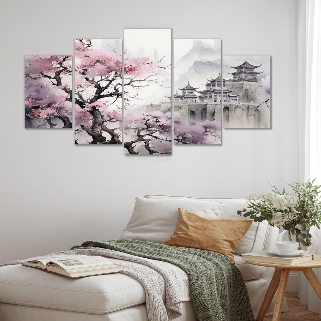 Pink Floral Japanese Panorama Landscape I - Japan Multipanel Wall Art Decor Lark Manor™