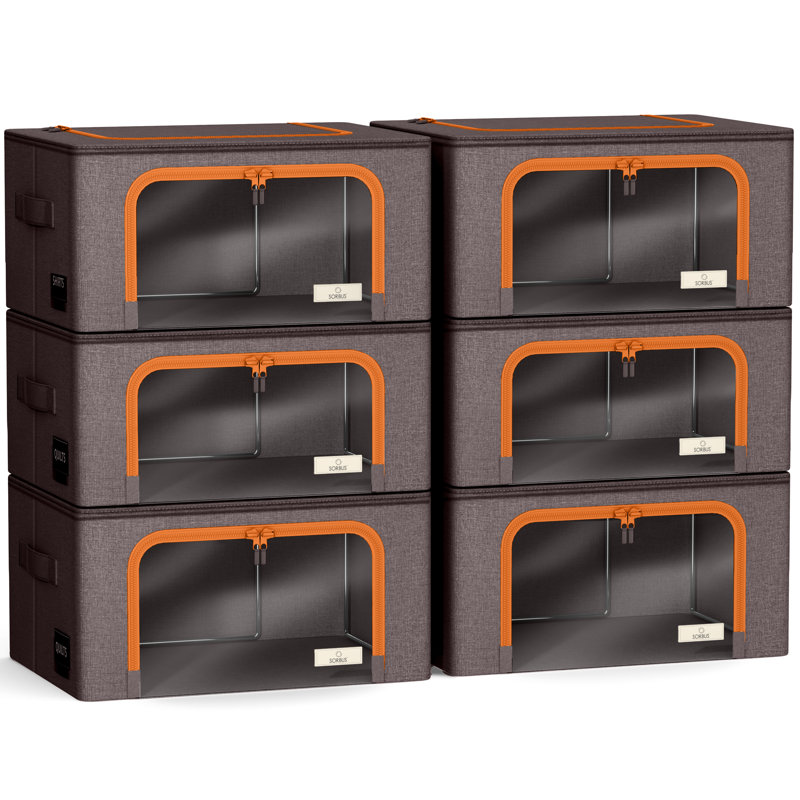 Sorbus Fabric Storage Bins: Stackable, Foldable Organizer Bags, with Clear Window (Set of 6), Brown, Brown