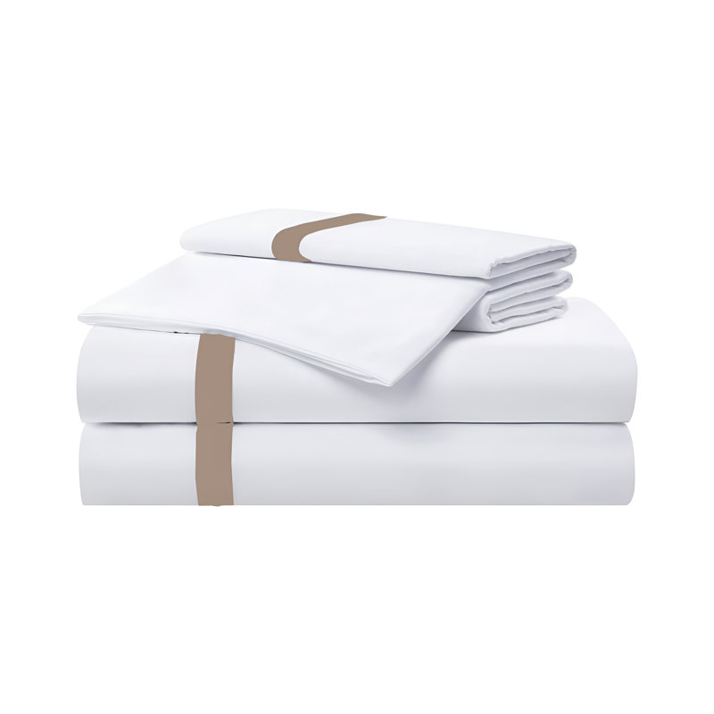 400TC Cotton Sateen Border Frame Cotton 4 Piece Sheet Set Fitted Sheet Fits Upto 16" Deep Pocket, Taupe, Full Sheet Set
