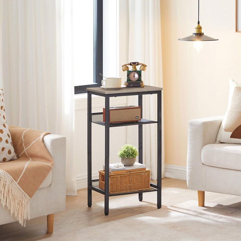 Table d'appoint industrielle à 3 niveaux avec tablettes en filet réglables, table de bout haute pour le salon, la chambre à coucher, le couloir ou le bureau, structure en métal robuste et design rustique