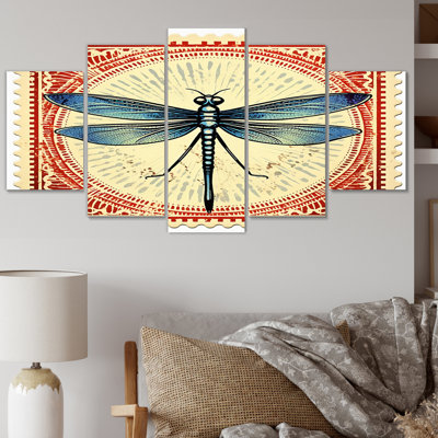 Retro Stamp Illustration Of Blue Dragonfly - Animals Dragonfly Canvas Art Print - 5 Panels