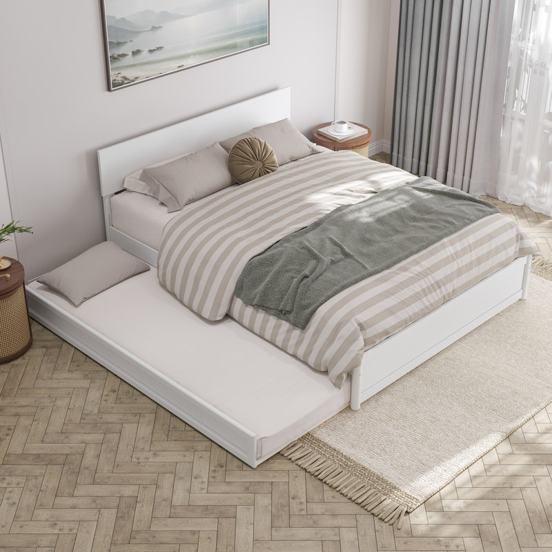 Lit plateforme en bois massif avec lit gigogne Lamecia, Grand, Blanc