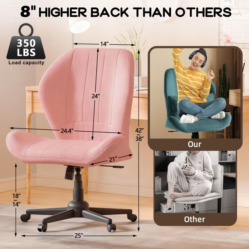 Cross Legged Office Chair With Wheels, Armless Desk Chair With Wide Seat And Tall Back, Ergonomic Curved Seat For Bedroom, Office & Home