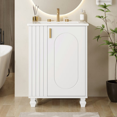 Meuble-lavabo 24 po avec lavabo, armoire de salle de bain avec tablette de porte, rangement latéral ouvert, structure en bois massif, porte à fermeture douce
