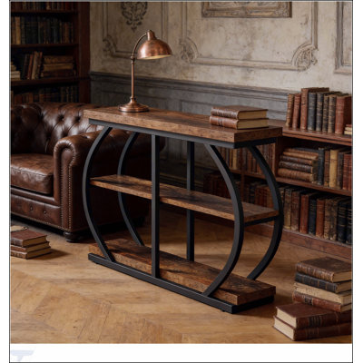 Ample Storage Entryway Table, Console Table with Dual Arched Metal Frames and Rustic Brown Finish for Modern Industrial Decor