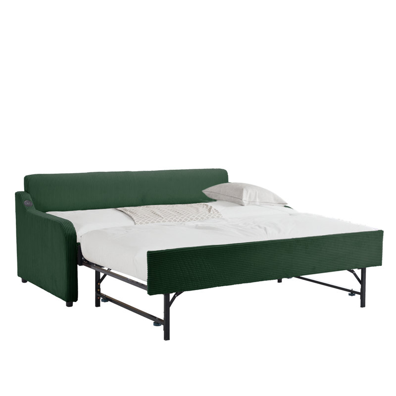 Lit de jour simple avec couchette et port USB Upholstery, Velours côtelé vert émeraude