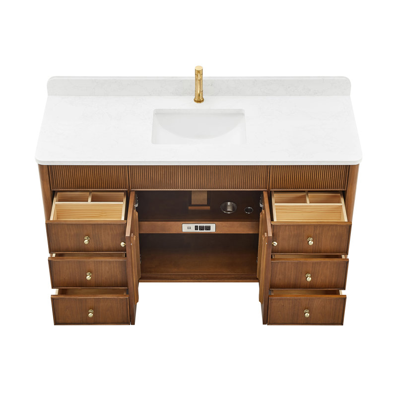 Ensemble de meuble-lavabo simple 60 po en noyer naturel avec plateau en pierre composite Taren, Noyer naturel