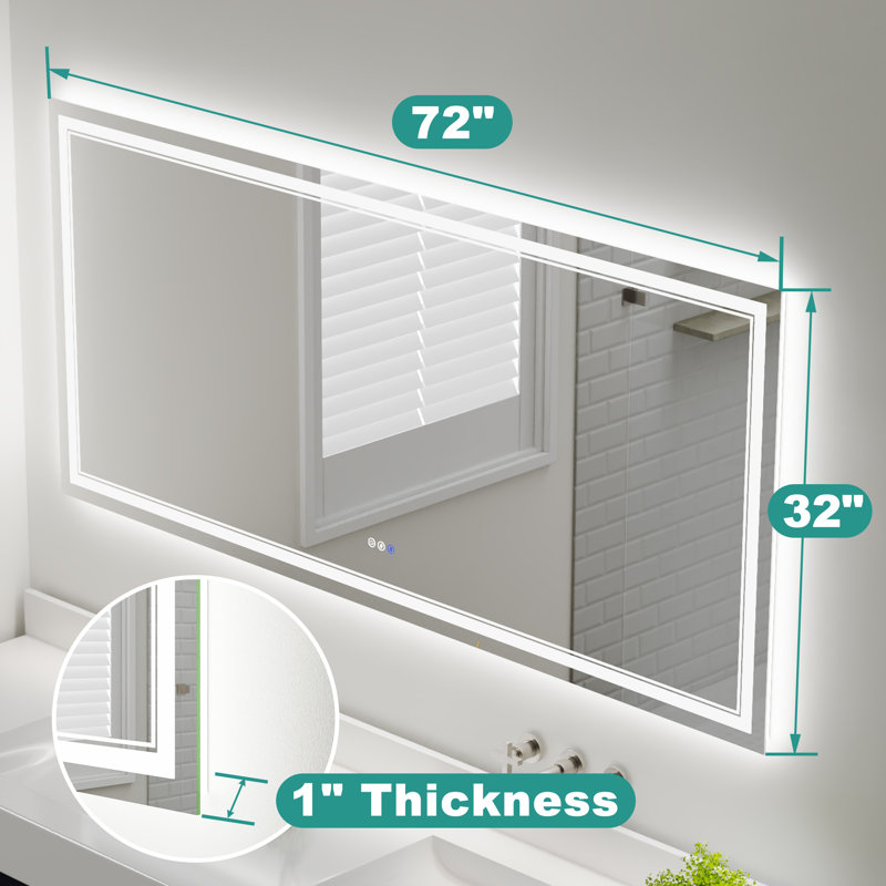 Wall Mount Anti-Fog Oversized Frameless Lighted Bathroom Mirror/ LED Bathroom Mirror, 32" x 72", Rectangle