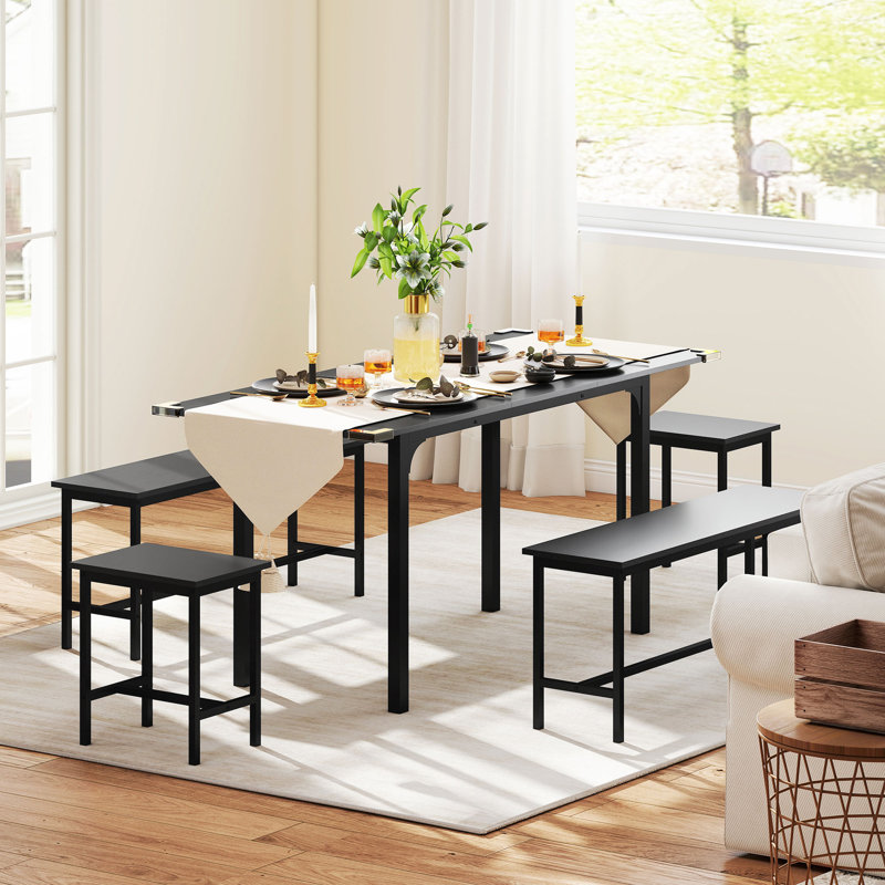 Ensemble de table de salle à manger extensible 5 pièces et bancs de cuisine noir