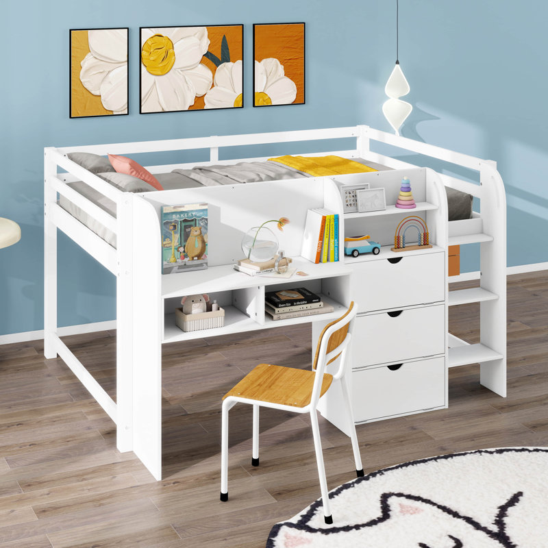 Lit mezzanine double pleine grandeur en bois massif avec bureau intégré, armoires de rangement et bibliothèque ouverte, tableau blanc pour enfants Graffiti