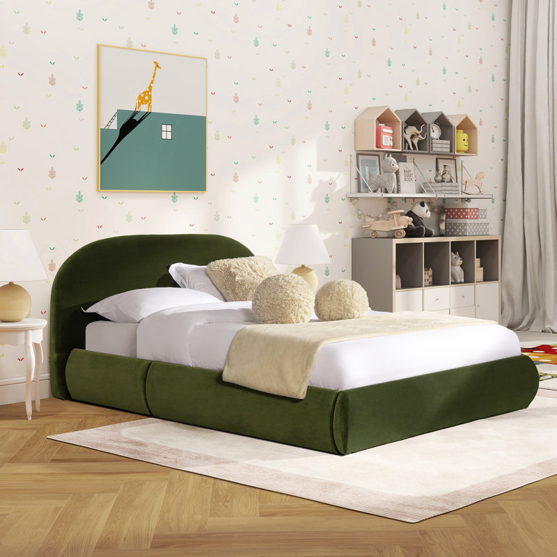 Berteal Puffy Grounded Upholstered Platform Bed, Performance Velvet, Queen, Green
